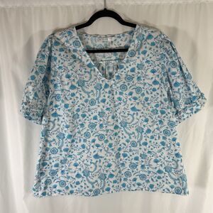 Draper James Blouse Women's XXL White Blue Floral Short Sleeve Vneck